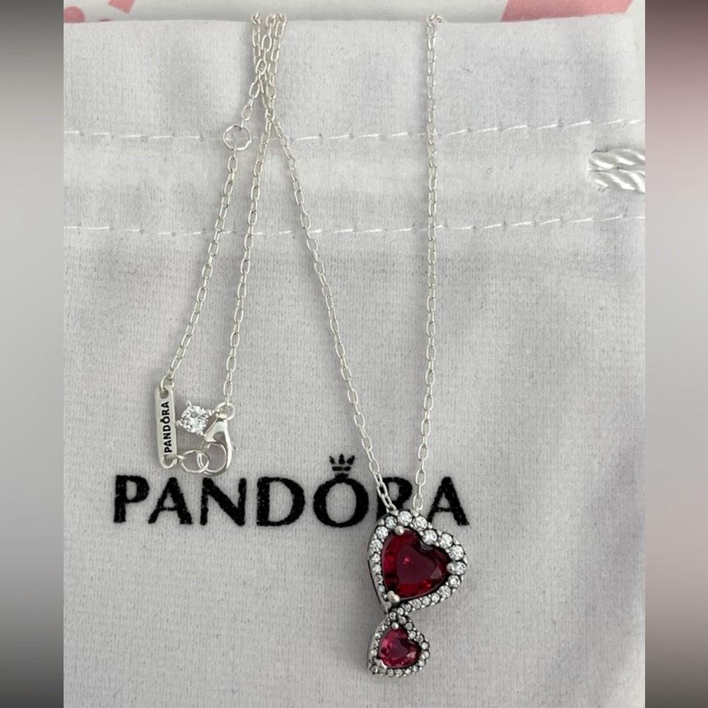 RED HALO HEART PENDANT NECKLACE PANDORA, STERLING SILVER 925